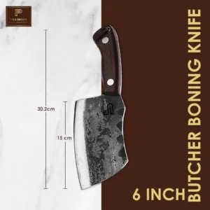This is a handcrafted 6-inch high carbon steel boning knife with a leather sheath, featuring a curved wooden handle, ideal for butchering, camping, and various kitchen tasks.