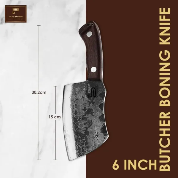 This is a handcrafted 6-inch high carbon steel boning knife with a leather sheath, featuring a curved wooden handle, ideal for butchering, camping, and various kitchen tasks.