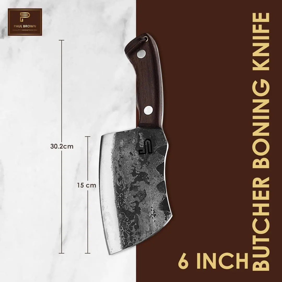 This is a handcrafted 6-inch high carbon steel boning knife with a leather sheath, featuring a curved wooden handle, ideal for butchering, camping, and various kitchen tasks.