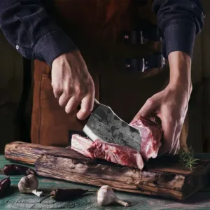 This is a handcrafted 6-inch high carbon steel boning knife with a leather sheath, featuring a curved wooden handle, ideal for butchering, camping, and various kitchen tasks.