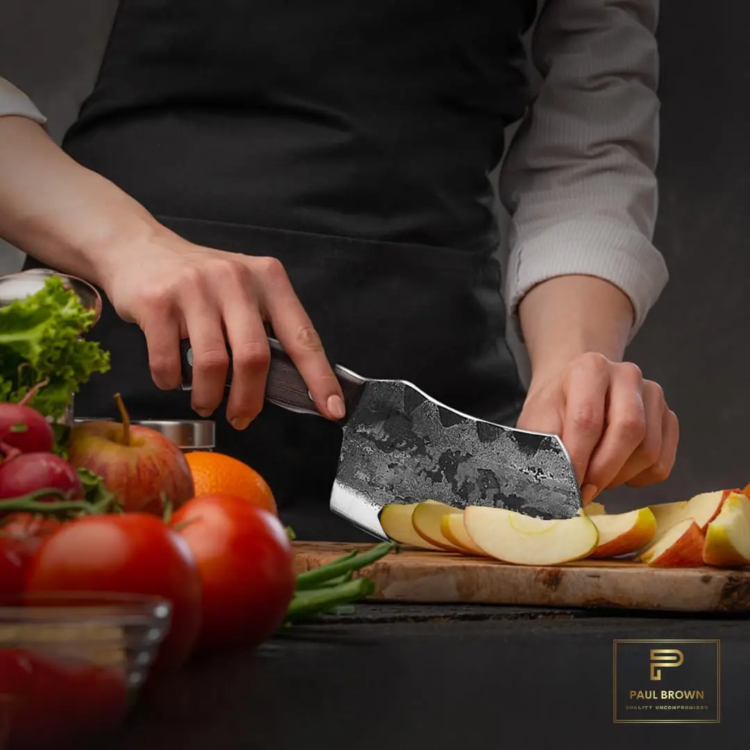 This is a handcrafted 6-inch high carbon steel boning knife with a leather sheath, featuring a curved wooden handle, ideal for butchering, camping, and various kitchen tasks.