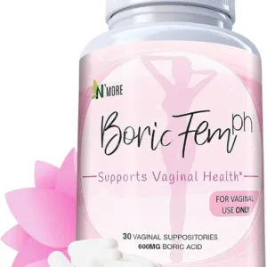 This is a thirty count bottle of N'More Boric Acid Vaginal Suppositories offering a natural way for women to quickly and efficiently relieve yeast infection symptoms with easy-to-insert veggie capsules in a child-safe bottle.