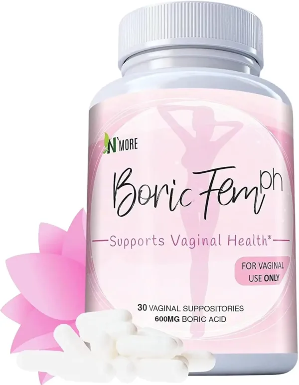 This is a thirty count bottle of N'More Boric Acid Vaginal Suppositories offering a natural way for women to quickly and efficiently relieve yeast infection symptoms with easy-to-insert veggie capsules in a child-safe bottle.