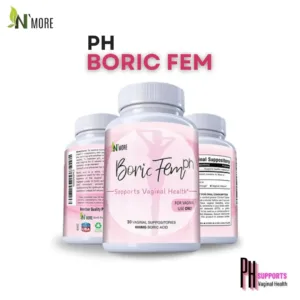 This is a thirty count bottle of N'More Boric Acid Vaginal Suppositories offering a natural way for women to quickly and efficiently relieve yeast infection symptoms with easy-to-insert veggie capsules in a child-safe bottle.