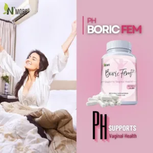 This is a thirty count bottle of N'More Boric Acid Vaginal Suppositories offering a natural way for women to quickly and efficiently relieve yeast infection symptoms with easy-to-insert veggie capsules in a child-safe bottle.