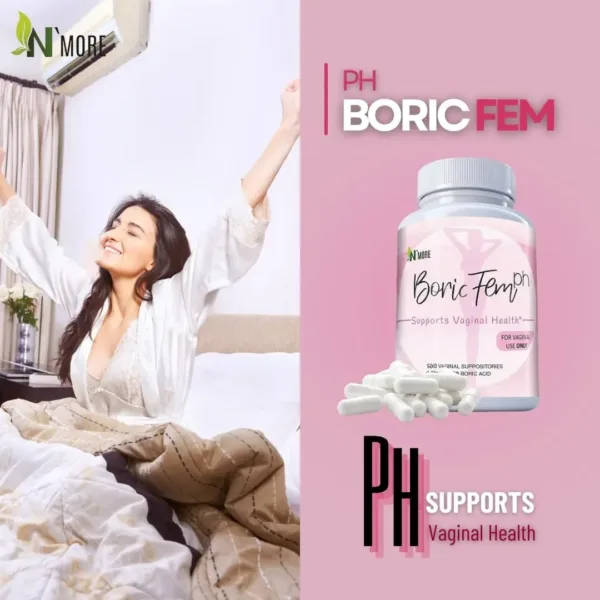 This is a thirty count bottle of N'More Boric Acid Vaginal Suppositories offering a natural way for women to quickly and efficiently relieve yeast infection symptoms with easy-to-insert veggie capsules in a child-safe bottle.