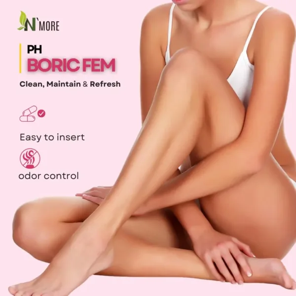 This is a thirty count bottle of N'More Boric Acid Vaginal Suppositories offering a natural way for women to quickly and efficiently relieve yeast infection symptoms with easy-to-insert veggie capsules in a child-safe bottle.