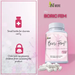 This is a thirty count bottle of N'More Boric Acid Vaginal Suppositories offering a natural way for women to quickly and efficiently relieve yeast infection symptoms with easy-to-insert veggie capsules in a child-safe bottle.