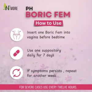 This is a thirty count bottle of N'More Boric Acid Vaginal Suppositories offering a natural way for women to quickly and efficiently relieve yeast infection symptoms with easy-to-insert veggie capsules in a child-safe bottle.