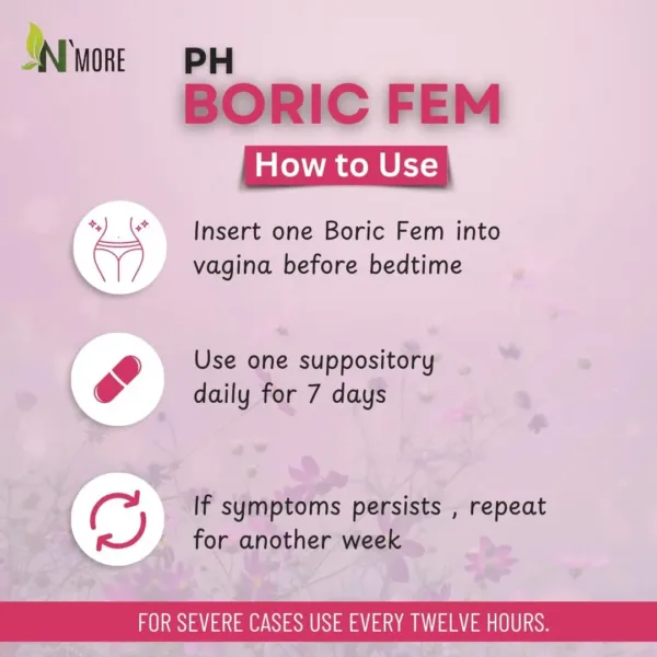 This is a thirty count bottle of N'More Boric Acid Vaginal Suppositories offering a natural way for women to quickly and efficiently relieve yeast infection symptoms with easy-to-insert veggie capsules in a child-safe bottle.