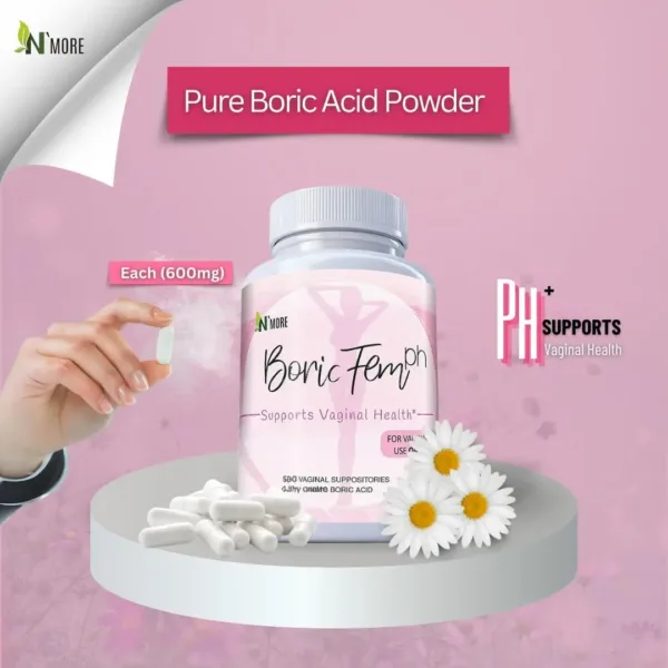 This is a thirty count bottle of N'More Boric Acid Vaginal Suppositories offering a natural way for women to quickly and efficiently relieve yeast infection symptoms with easy-to-insert veggie capsules in a child-safe bottle.