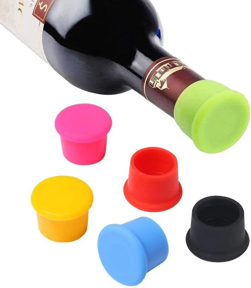 This set of six reusable silicone bottle caps in assorted colors provides an airtight and leak-proof seal, keeping your wine, beer, champagne, and soda fresh and preventing odors.