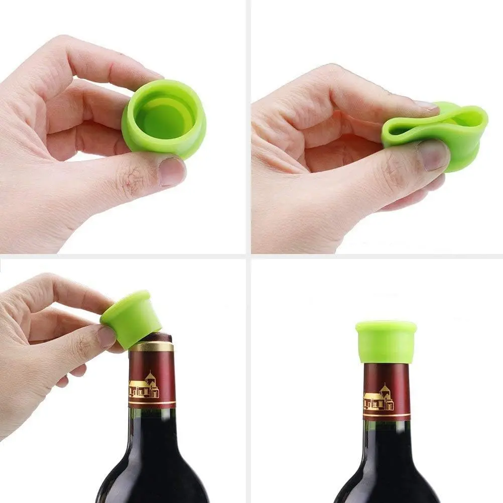 This set of six reusable silicone bottle caps in assorted colors provides an airtight and leak-proof seal, keeping your wine, beer, champagne, and soda fresh and preventing odors.