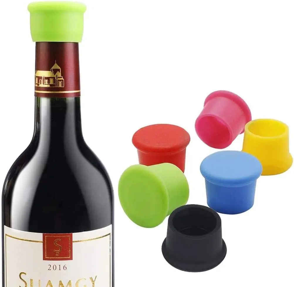 This set of six reusable silicone bottle caps in assorted colors provides an airtight and leak-proof seal, keeping your wine, beer, champagne, and soda fresh and preventing odors.