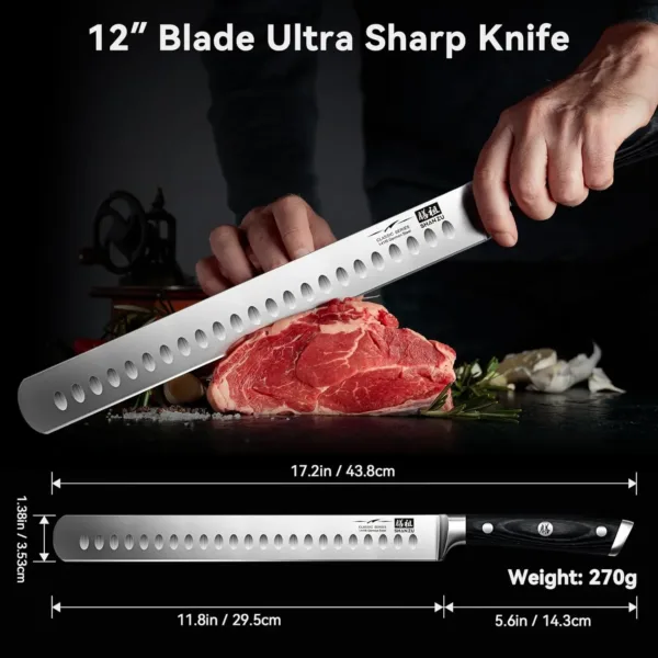 This SHAN ZU 12-inch brisket slicing knife features a razor-sharp German stainless steel blade, an ergonomic wood handle, and a full tang design for balanced cutting of meats and fruits, all in a gift box.