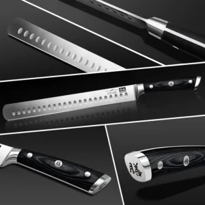 This SHAN ZU 12-inch brisket slicing knife features a razor-sharp German stainless steel blade, an ergonomic wood handle, and a full tang design for balanced cutting of meats and fruits, all in a gift box.