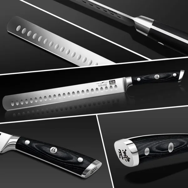 This SHAN ZU 12-inch brisket slicing knife features a razor-sharp German stainless steel blade, an ergonomic wood handle, and a full tang design for balanced cutting of meats and fruits, all in a gift box.