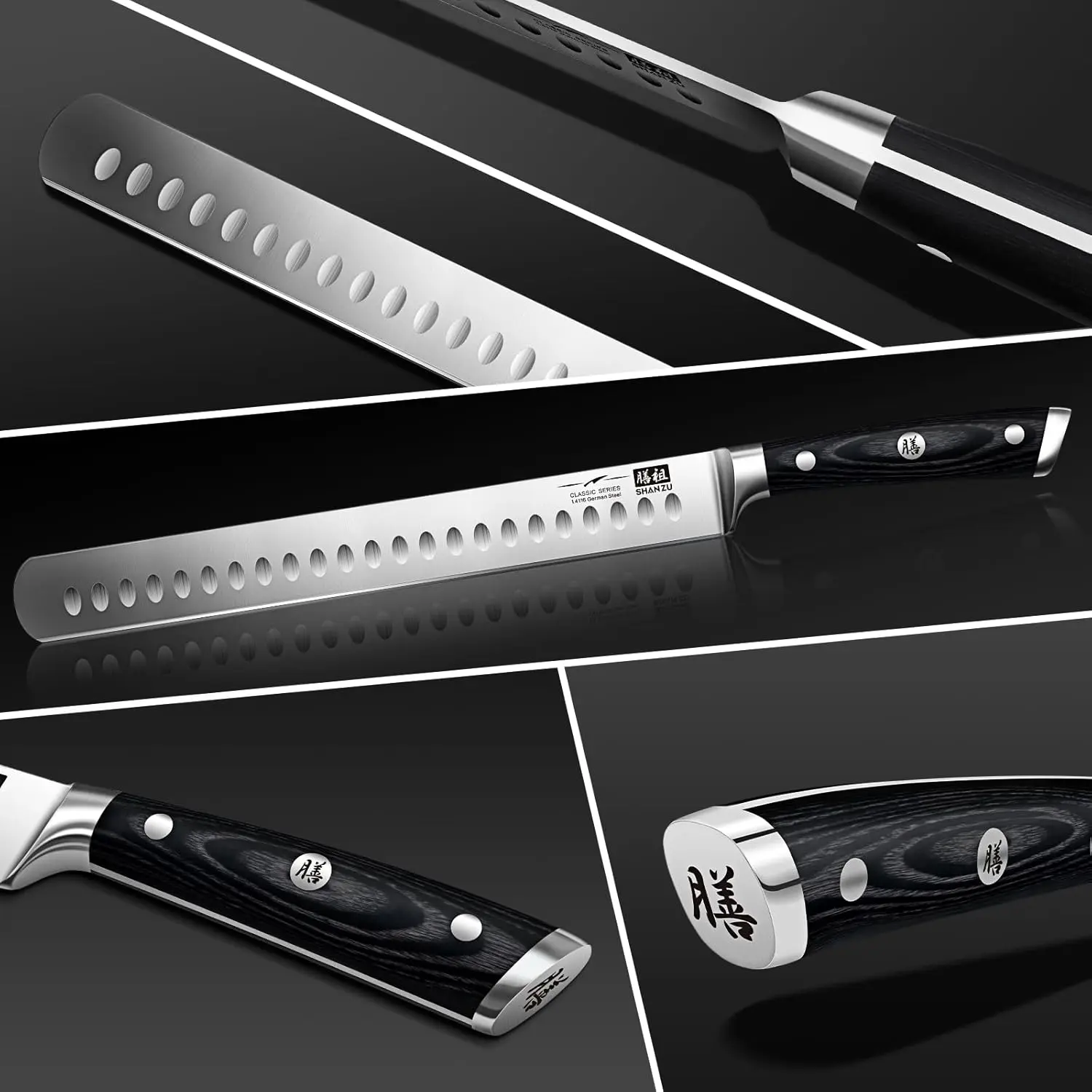 This SHAN ZU 12-inch brisket slicing knife features a razor-sharp German stainless steel blade, an ergonomic wood handle, and a full tang design for balanced cutting of meats and fruits, all in a gift box.