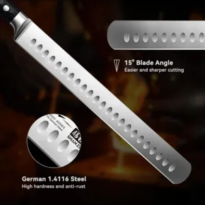 This SHAN ZU 12-inch brisket slicing knife features a razor-sharp German stainless steel blade, an ergonomic wood handle, and a full tang design for balanced cutting of meats and fruits, all in a gift box.