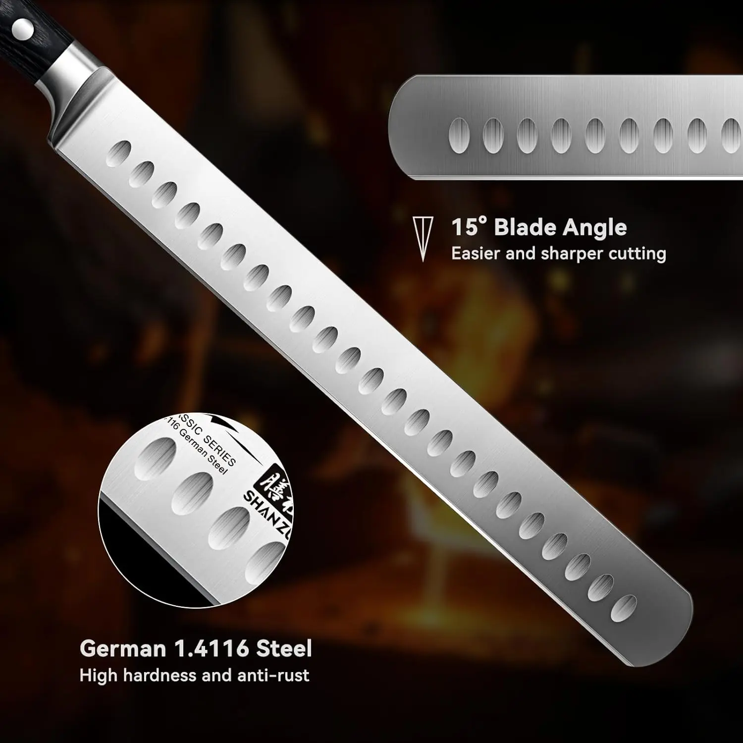 This SHAN ZU 12-inch brisket slicing knife features a razor-sharp German stainless steel blade, an ergonomic wood handle, and a full tang design for balanced cutting of meats and fruits, all in a gift box.