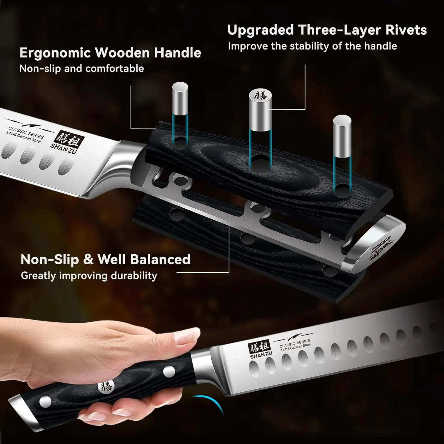 This SHAN ZU 12-inch brisket slicing knife features a razor-sharp German stainless steel blade, an ergonomic wood handle, and a full tang design for balanced cutting of meats and fruits, all in a gift box.