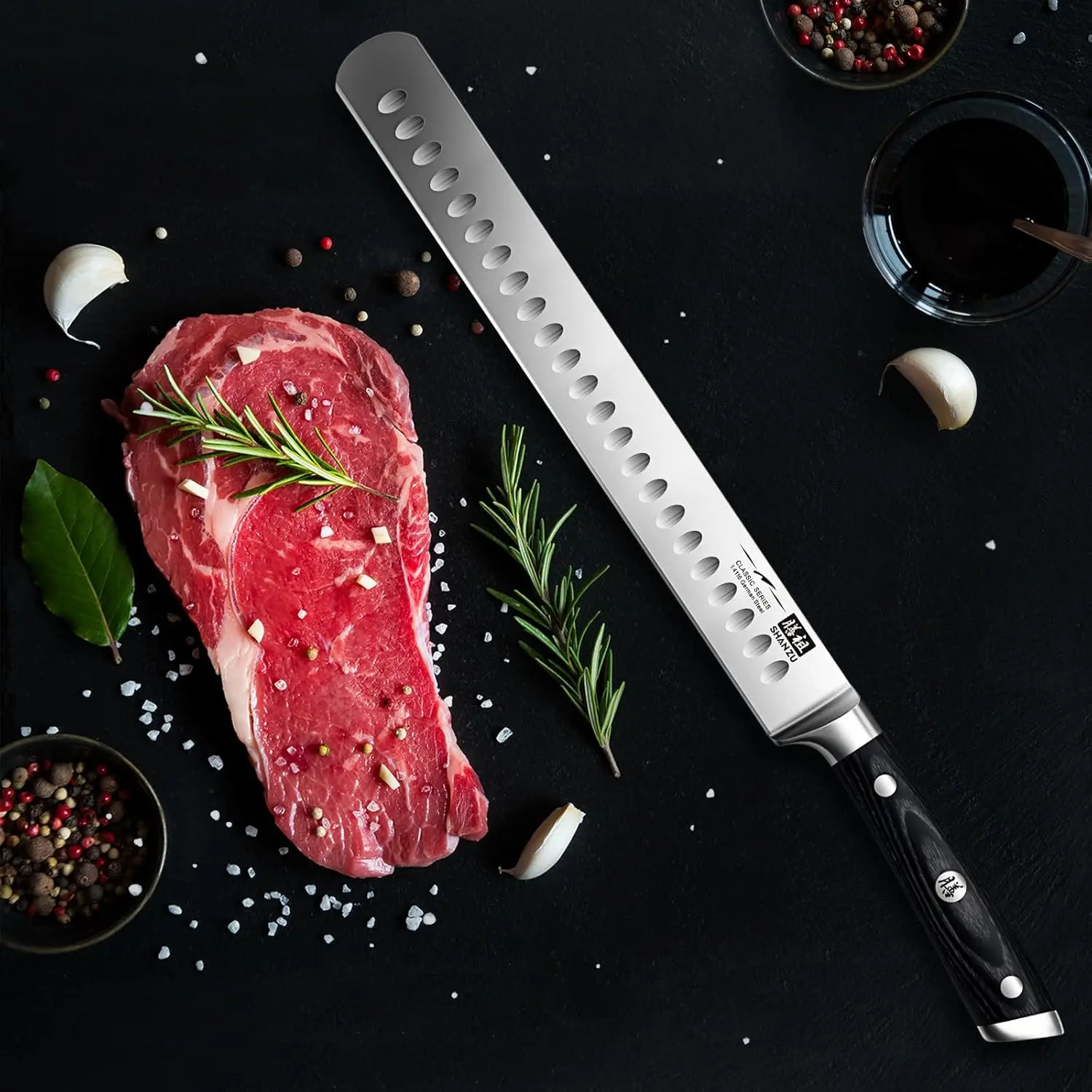 This SHAN ZU 12-inch brisket slicing knife features a razor-sharp German stainless steel blade, an ergonomic wood handle, and a full tang design for balanced cutting of meats and fruits, all in a gift box.