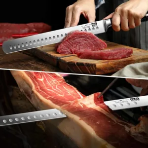 This SHAN ZU 12-inch brisket slicing knife features a razor-sharp German stainless steel blade, an ergonomic wood handle, and a full tang design for balanced cutting of meats and fruits, all in a gift box.