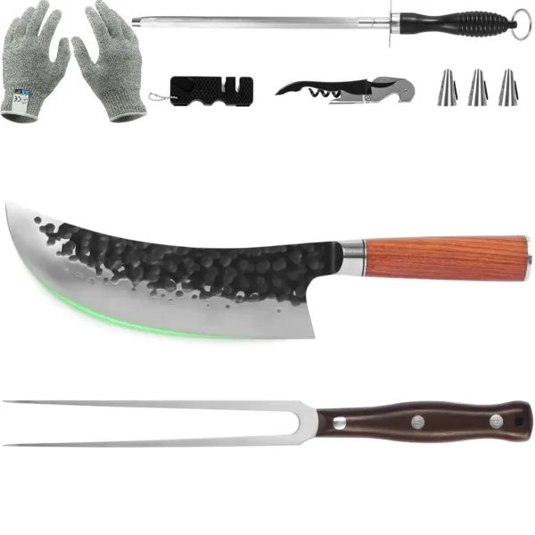 This FULLHI butcher knife set includes a high carbon stainless steel carving knife, meat fork, finger guards, bottle opener, cut resistant gloves, and a knife sharpener for efficiently carving meat, turkey, and BBQ.