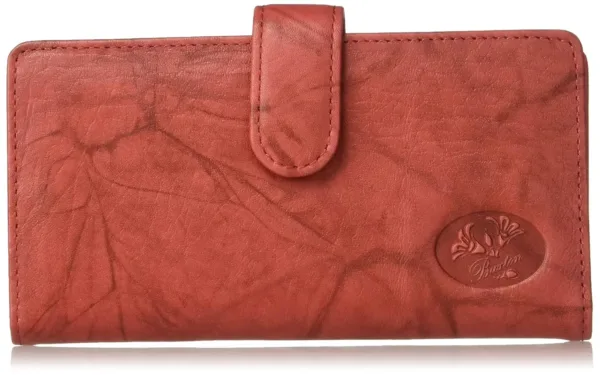 This is a Buxton women's wallet made of authentic crunch leather, featuring a rich floral embossed logo and a secure snap closure, with credit card slots and utility slip compartments.