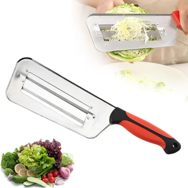 This stainless steel cabbage shredder with a double-layer blade system efficiently slices and shreds cabbage, carrots, and other vegetables for coleslaw and stir-fries, featuring an ergonomic, slip-resistant handle for safe and easy meal preparation.