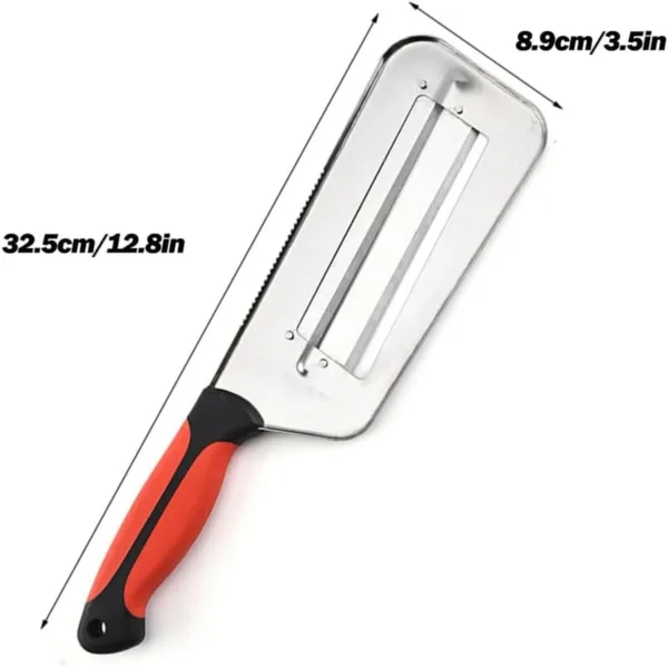 This stainless steel cabbage shredder with a double-layer blade system efficiently slices and shreds cabbage, carrots, and other vegetables for coleslaw and stir-fries, featuring an ergonomic, slip-resistant handle for safe and easy meal preparation.