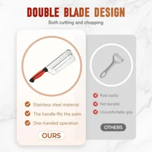 This stainless steel cabbage shredder with a double-layer blade system efficiently slices and shreds cabbage, carrots, and other vegetables for coleslaw and stir-fries, featuring an ergonomic, slip-resistant handle for safe and easy meal preparation.