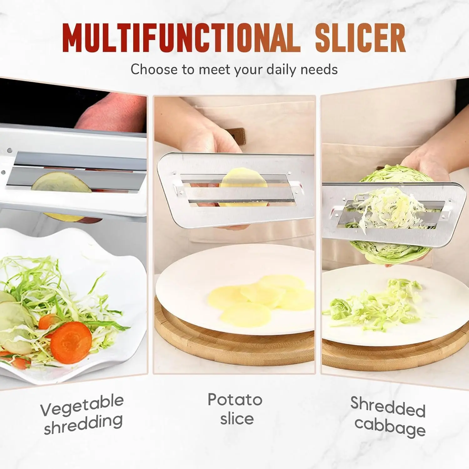 This stainless steel cabbage shredder with a double-layer blade system efficiently slices and shreds cabbage, carrots, and other vegetables for coleslaw and stir-fries, featuring an ergonomic, slip-resistant handle for safe and easy meal preparation.