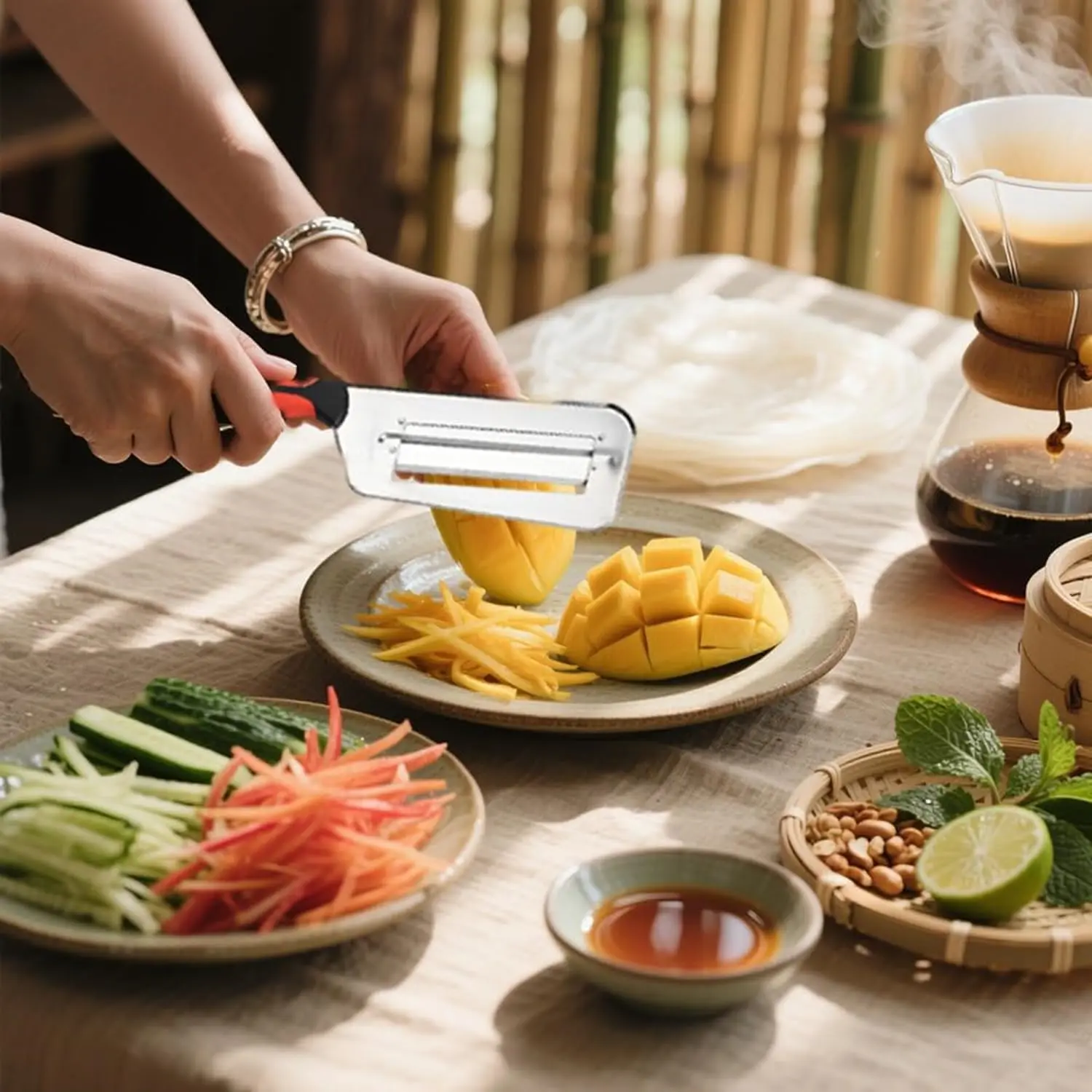 This stainless steel cabbage shredder with a double-layer blade system efficiently slices and shreds cabbage, carrots, and other vegetables for coleslaw and stir-fries, featuring an ergonomic, slip-resistant handle for safe and easy meal preparation.