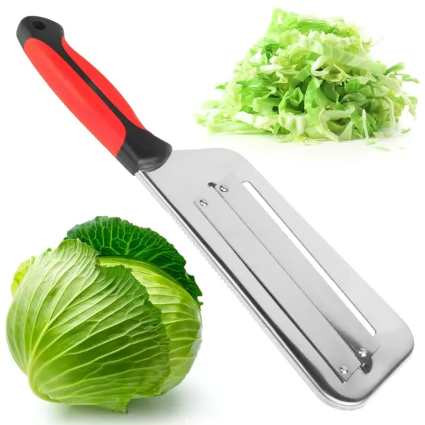 This durable plastic cabbage shredder with two blades and an ergonomic handle makes quick work of slicing cabbage, lettuce, and other vegetables for coleslaw or sauerkraut.