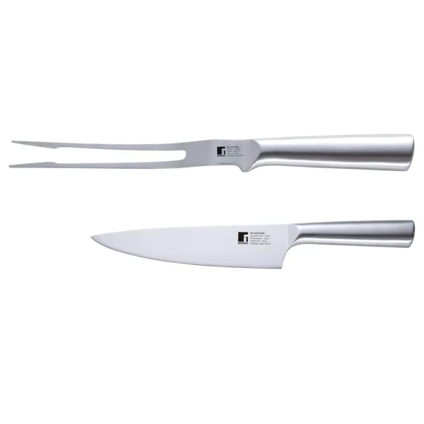 This stainless steel carving knife and fork set features a razor-sharp blade and hollow handles for lightweight use, perfect for carving turkey, ham, or roasts with ease and precision.