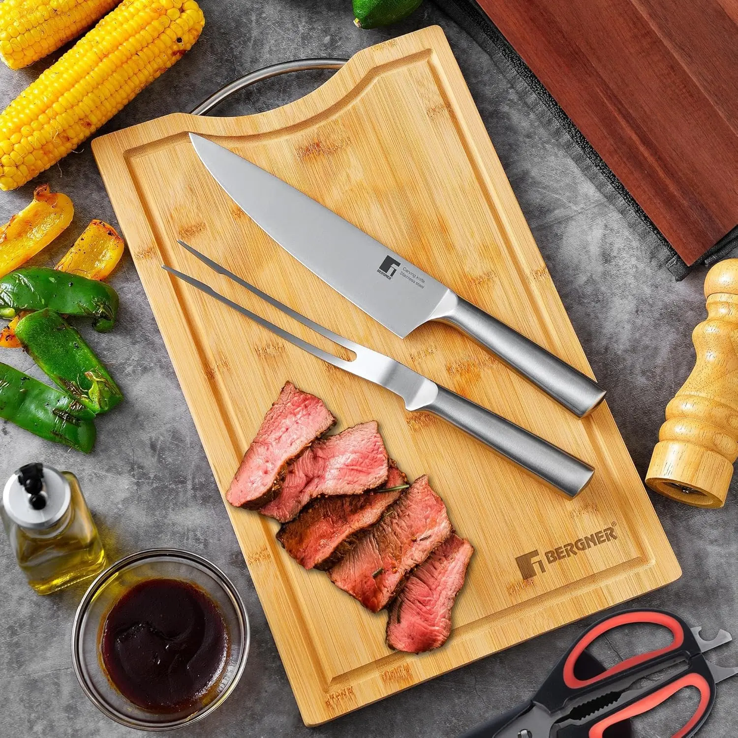 This stainless steel carving knife and fork set features a razor-sharp blade and hollow handles for lightweight use, perfect for carving turkey, ham, or roasts with ease and precision.