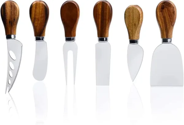 This is a six-piece AKDC cheese knife set with forged stainless steel blades, serrated edges, and wooden handles, including a cheese slicer, cutter, fork, and spreading knives, ideal for serving cheese on charcuterie boards.
