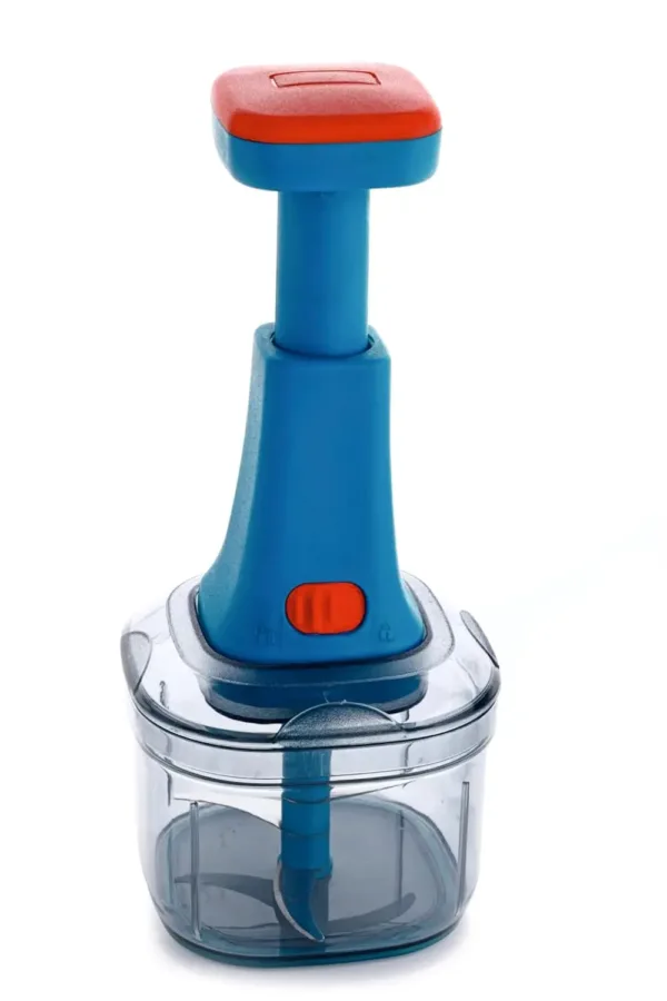 The Ganesh Clever Chop manual food chopper features premium stainless steel blades and a secure locking system for safe and efficient chopping of vegetables, fruits, garlic, and onions.