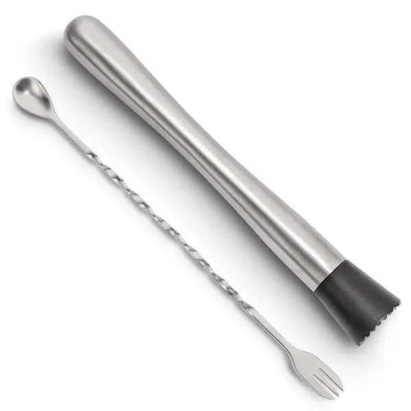 This stainless steel cocktail muddler set includes a 10-inch muddler and mixing spoon with trident fork, perfect for crushing fruits and mixing drinks like mojitos.