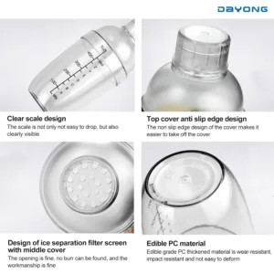 This transparent 17oz plastic cocktail shaker is made of thickened PC resin, featuring a built-in strainer, graduated measurements, and an ice filter for easily making cocktails, smoothies, or milk tea at home or in a bar.