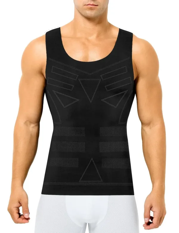 This men's compression shirt is a body shaper vest designed to slim the abdomen, improve posture, and offer breathable support during workouts or daily wear.