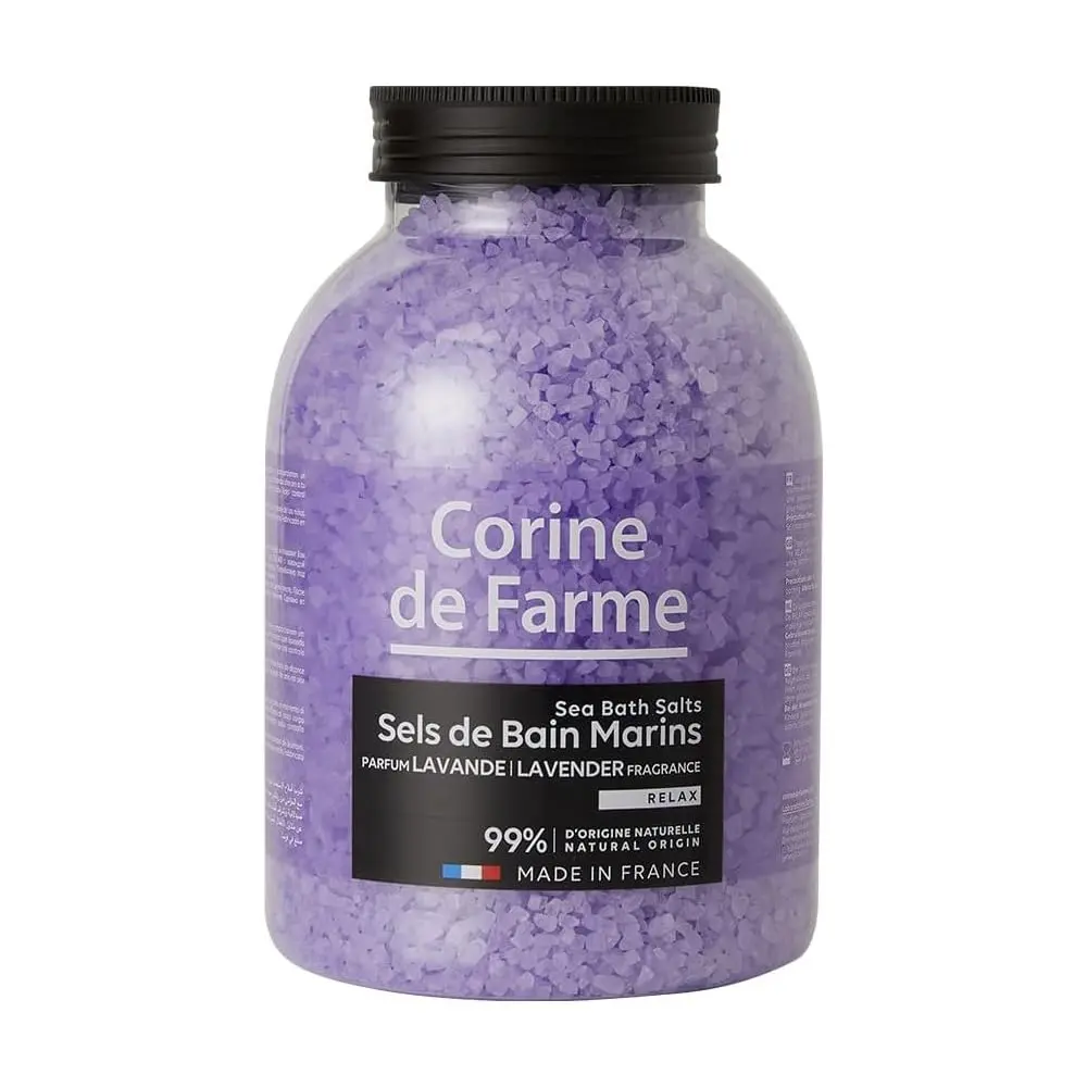 This is a 1.3 kg bag of Corine de Farme bath sea salt formulated with a neutral pH and infused with lavender for a relaxing bath experience.