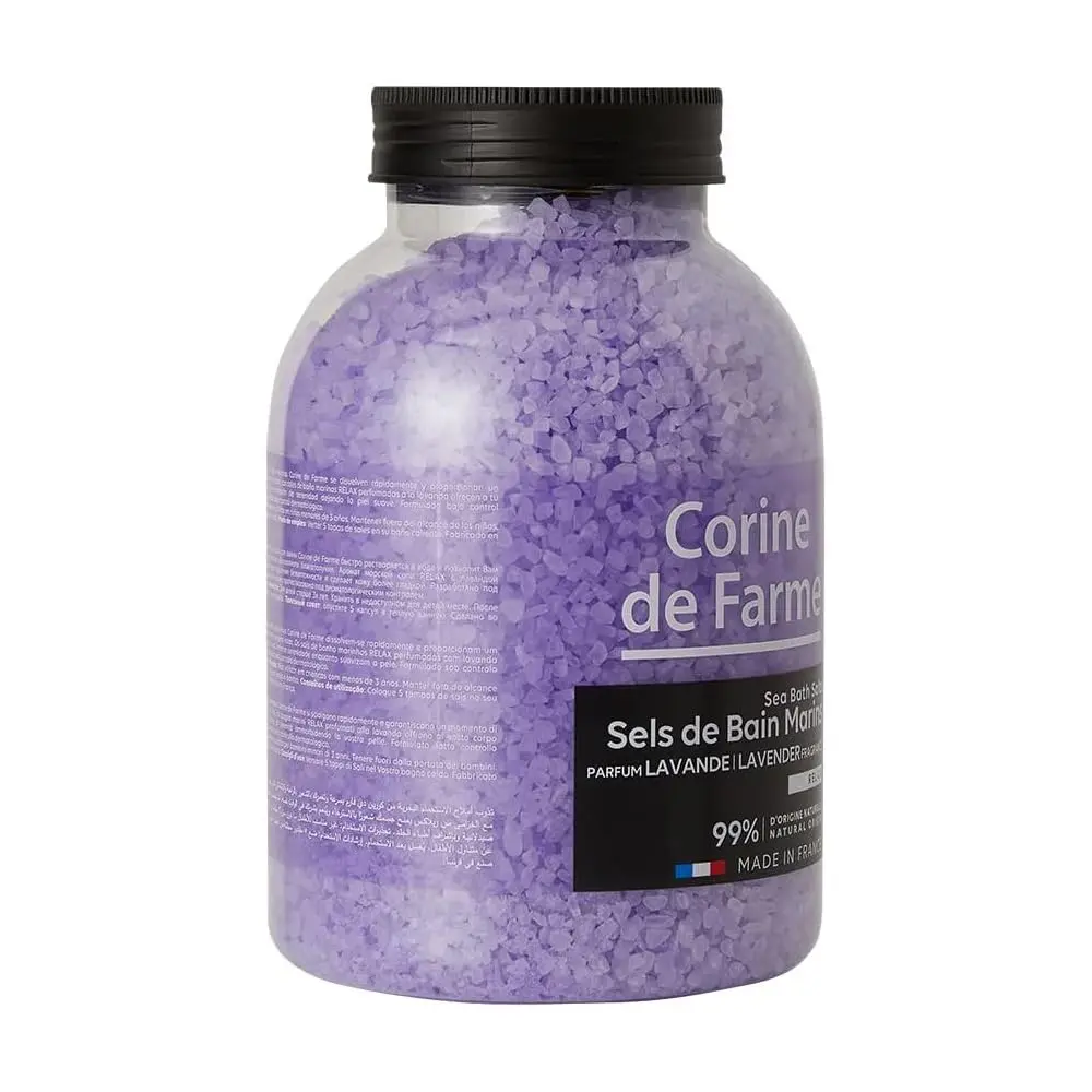 This is a 1.3 kg bag of Corine de Farme bath sea salt formulated with a neutral pH and infused with lavender for a relaxing bath experience.