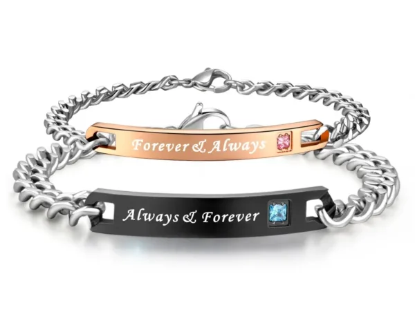 This matching his and hers couple bracelet set, crafted from titanium stainless steel, is light and comfortable to wear and comes with a gift box and a lucky bean.