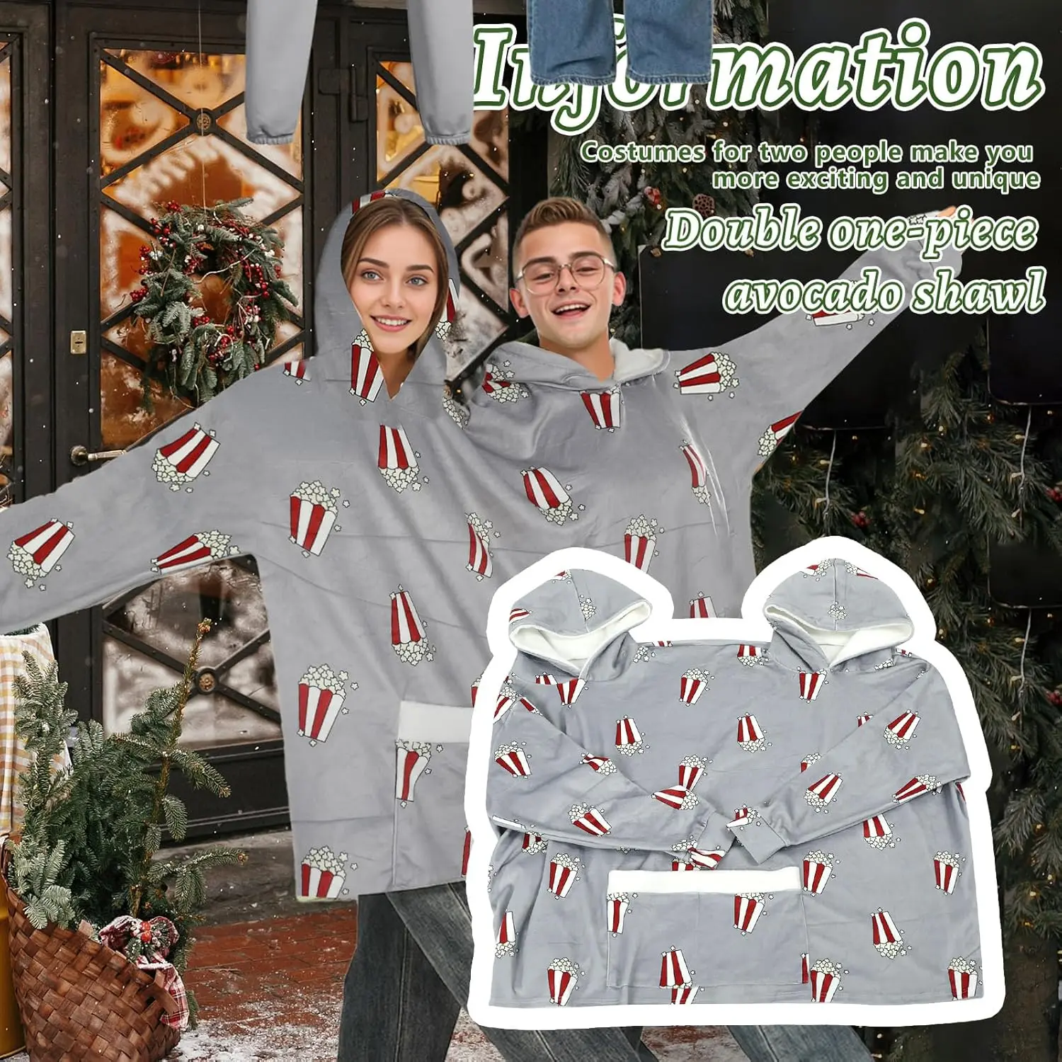 Matching couples pajamas hoodies for adults, designed with a funny double hooded style, made from soft flannel, featuring a large capacity front pocket, and perfect for themed events.