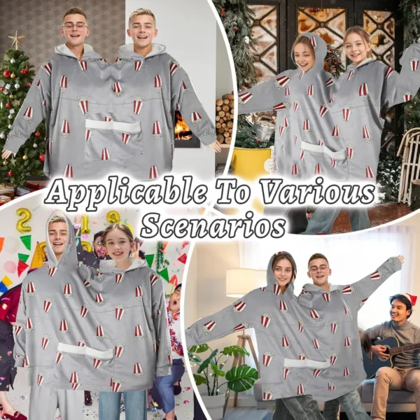 Matching couples pajamas hoodies for adults, designed with a funny double hooded style, made from soft flannel, featuring a large capacity front pocket, and perfect for themed events.