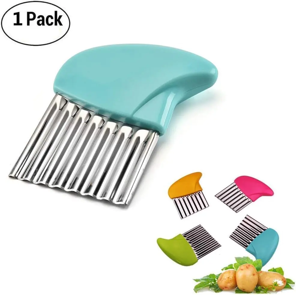 This stainless steel crinkle cutter with a plastic handle effortlessly slices potatoes, vegetables, and fruit into wavy fries, garnishes, or pickle chips.