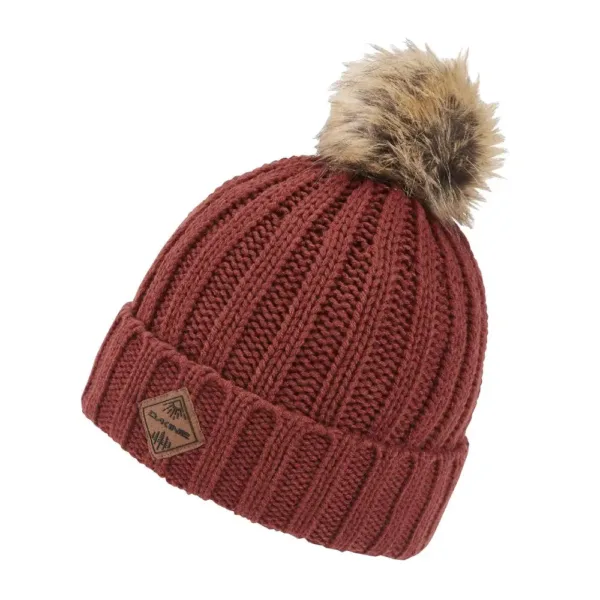 A Dakine women's beanie with a pom, crafted from 100% acrylic face fabric and a 100% polyester lining, offering a limited 2-year manufacturer warranty.