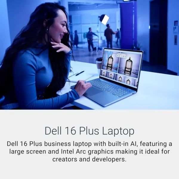 This is a Dell Plus Laptop with a 16-inch 2.5K display, powered by an Intel Core Ultra 9 processor, 32GB of memory, a 2TB SSD, and Intel ARC Graphics, featuring a backlit keyboard and a built-in FHD+ webcam for secure Windows Hello sign-in.